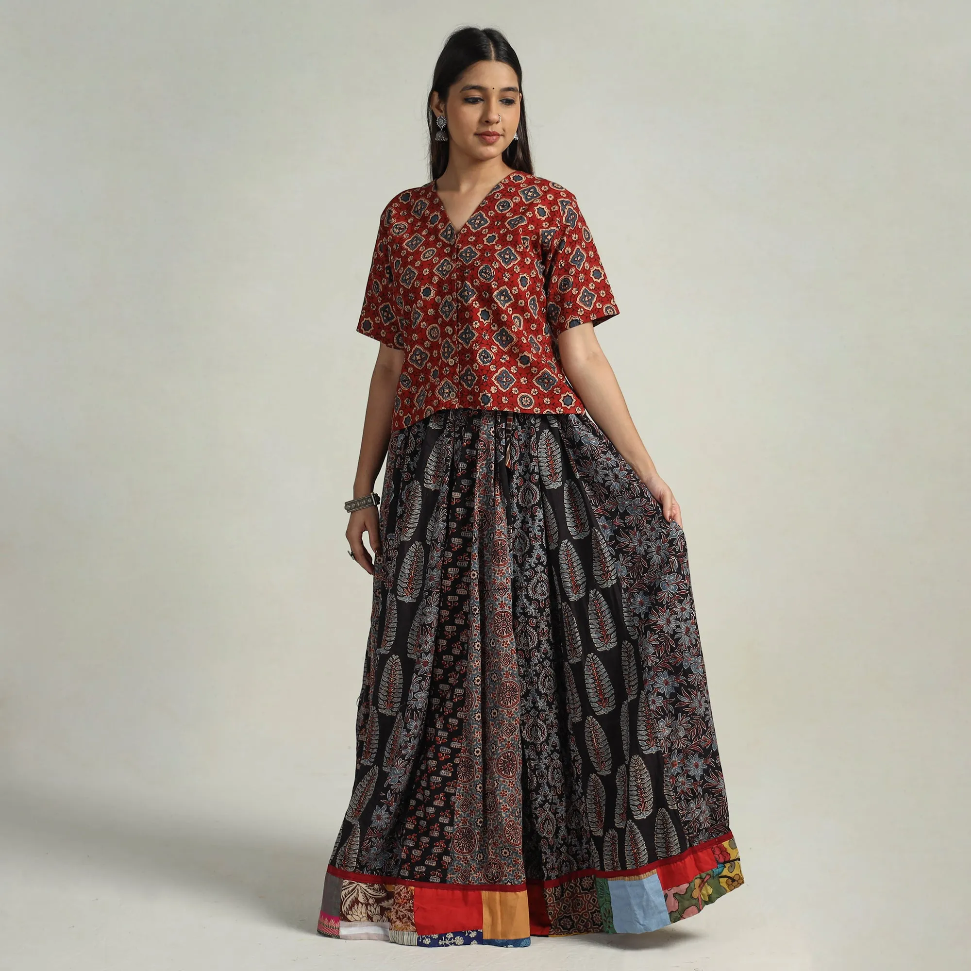 Multicolor - Kutch Block Printed 24 Kali Cotton Long Skirt 09