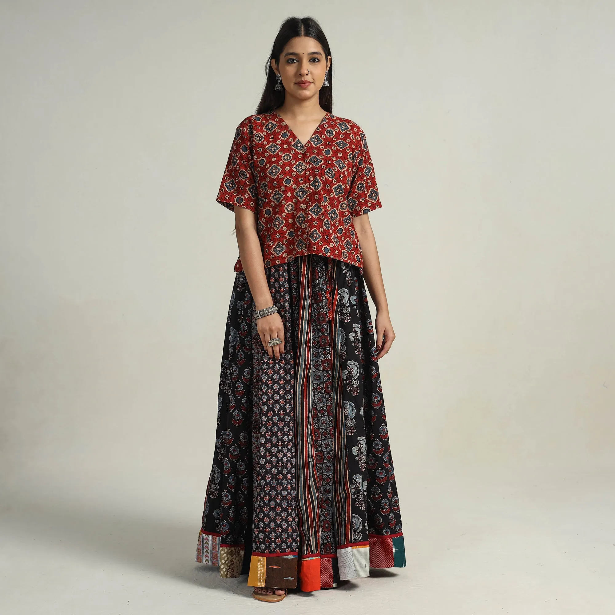 Multicolor - Kutch Block Printed 24 Kali Cotton Long Skirt 27