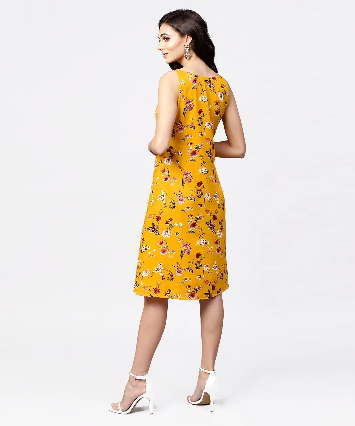 Mustard Floral Printed Sleeveless Dress With Key Hole Neck