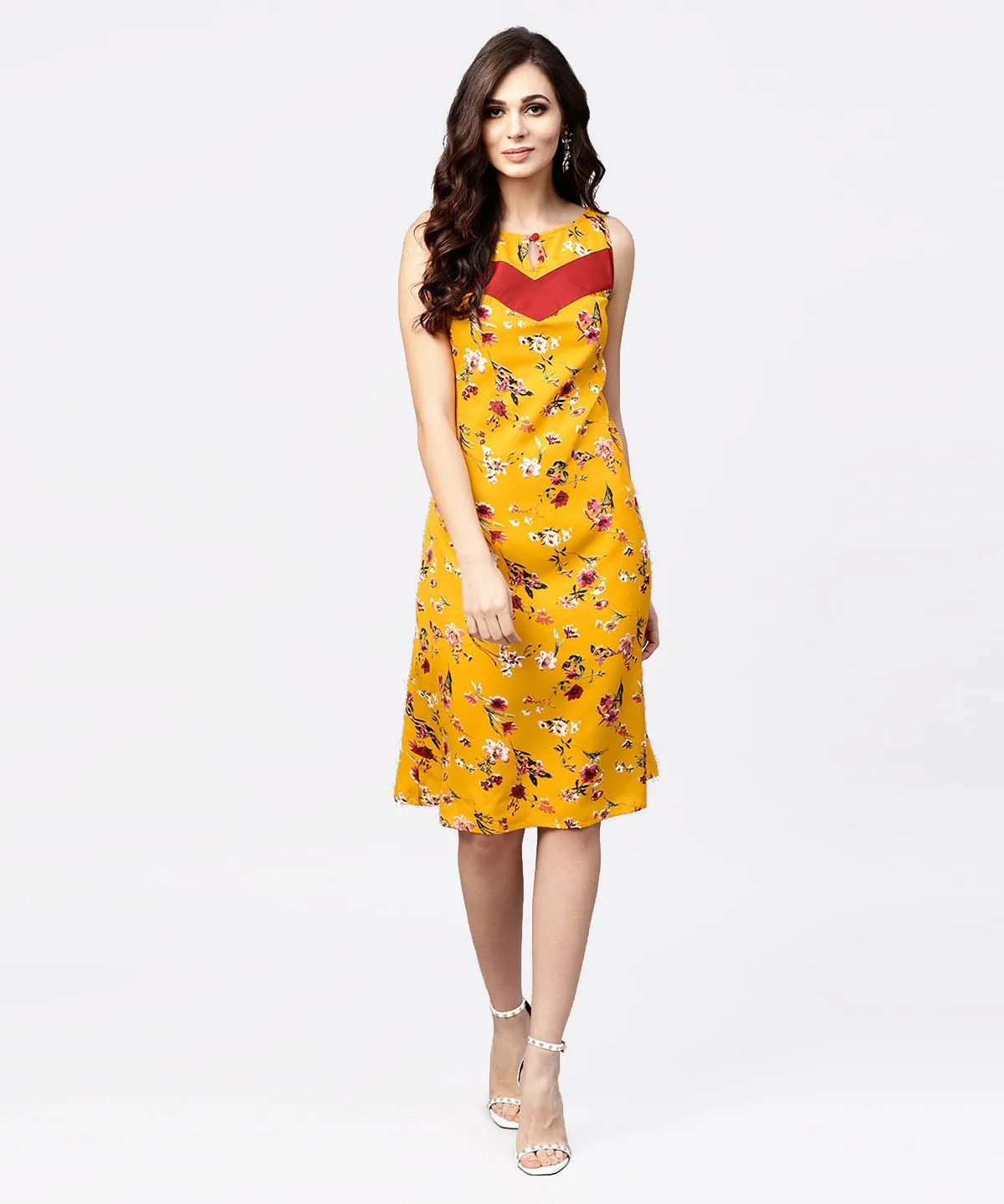 Mustard Floral Printed Sleeveless Dress With Key Hole Neck