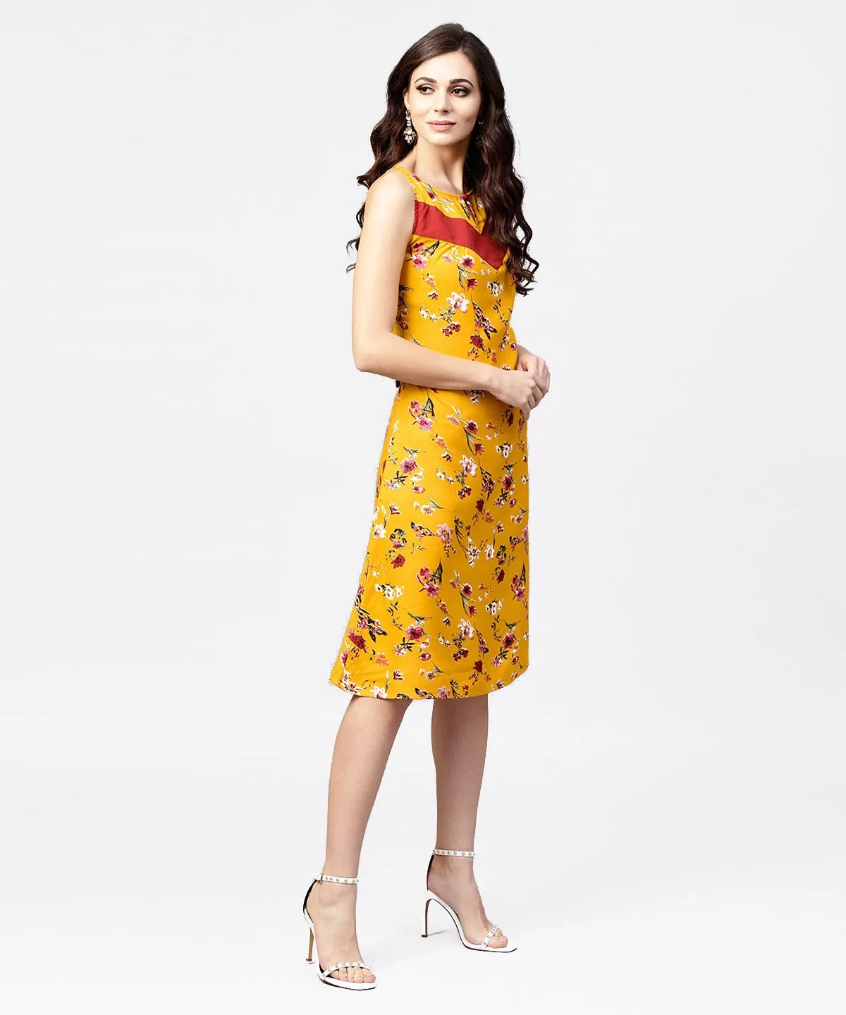 Mustard Floral Printed Sleeveless Dress With Key Hole Neck