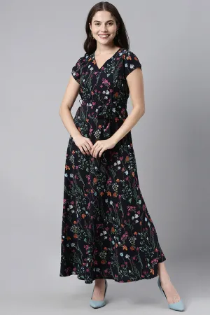 Navy Blue Polyester Floral Printed Maxi Dress