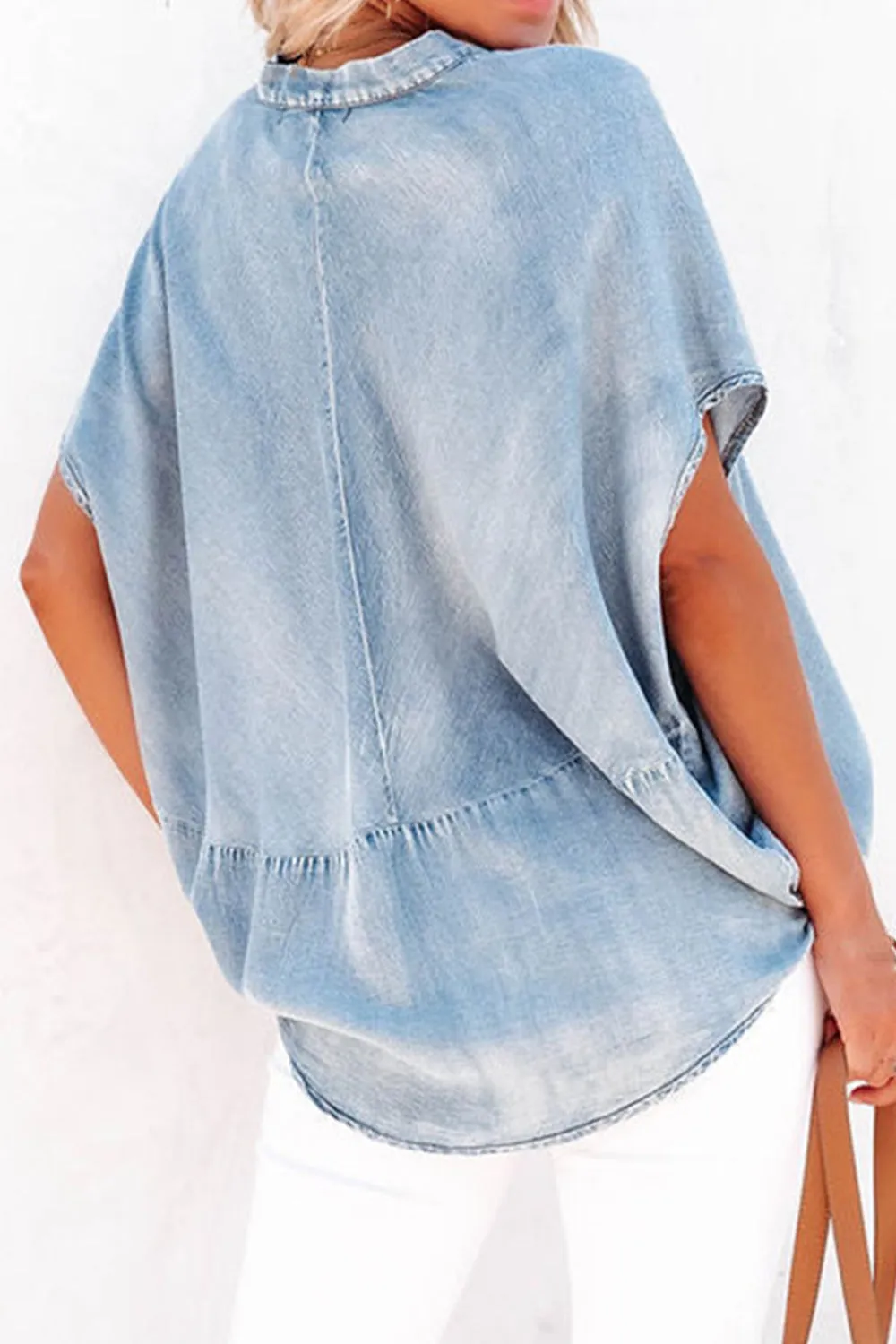 Notched Short Sleeve Denim Top