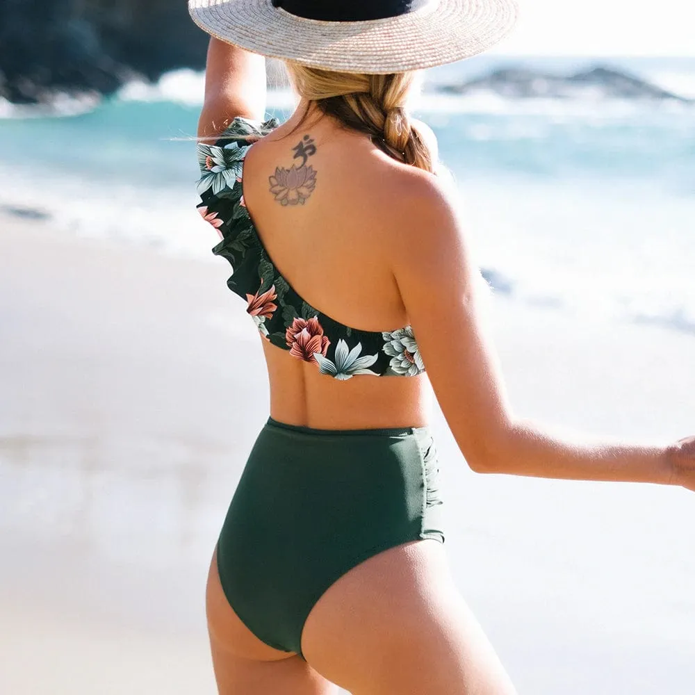 Off Shoulder Floral Ruffle High Waist Bikini