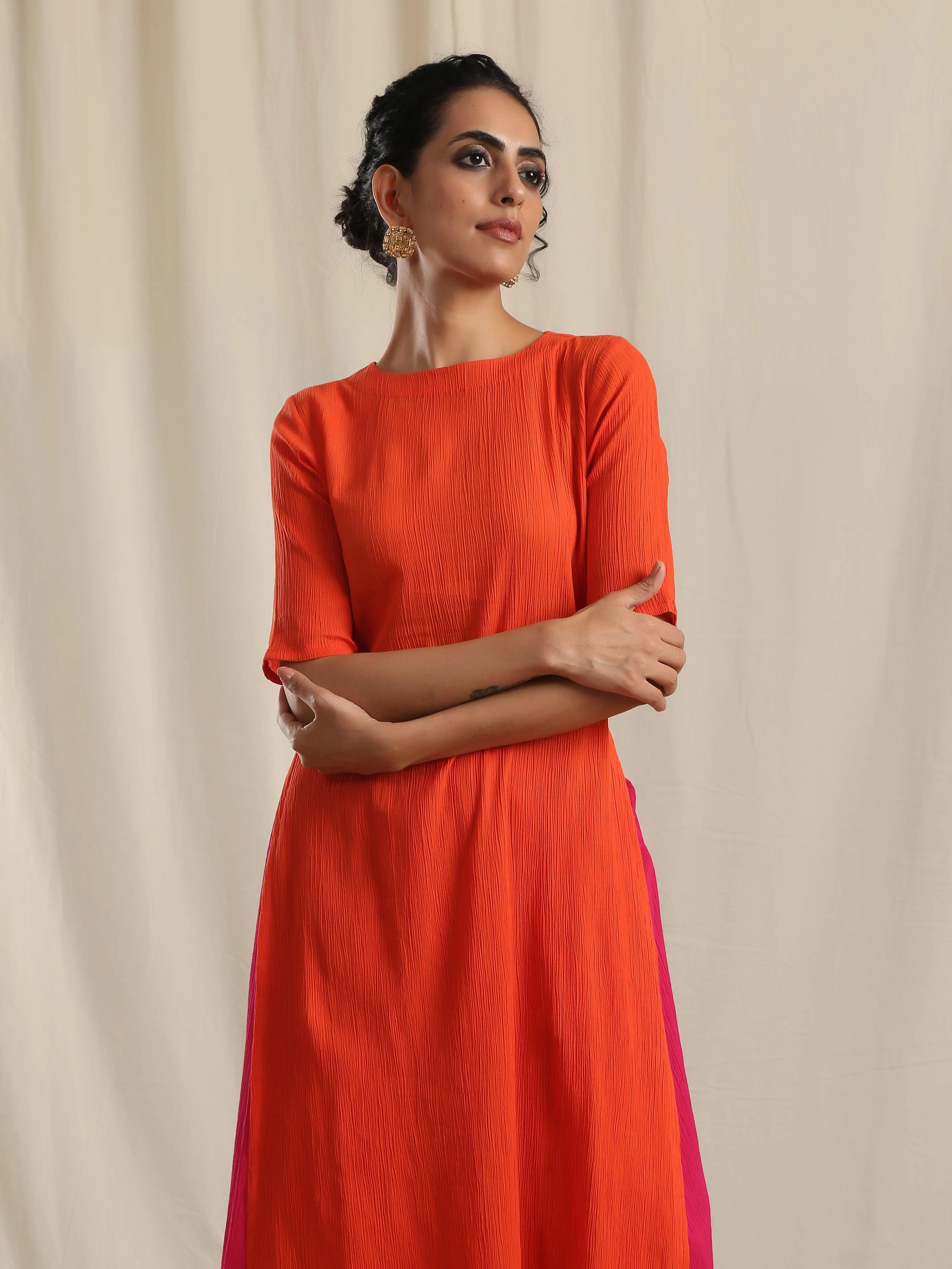 Orange Crinkle Slit Kurta Pant Set