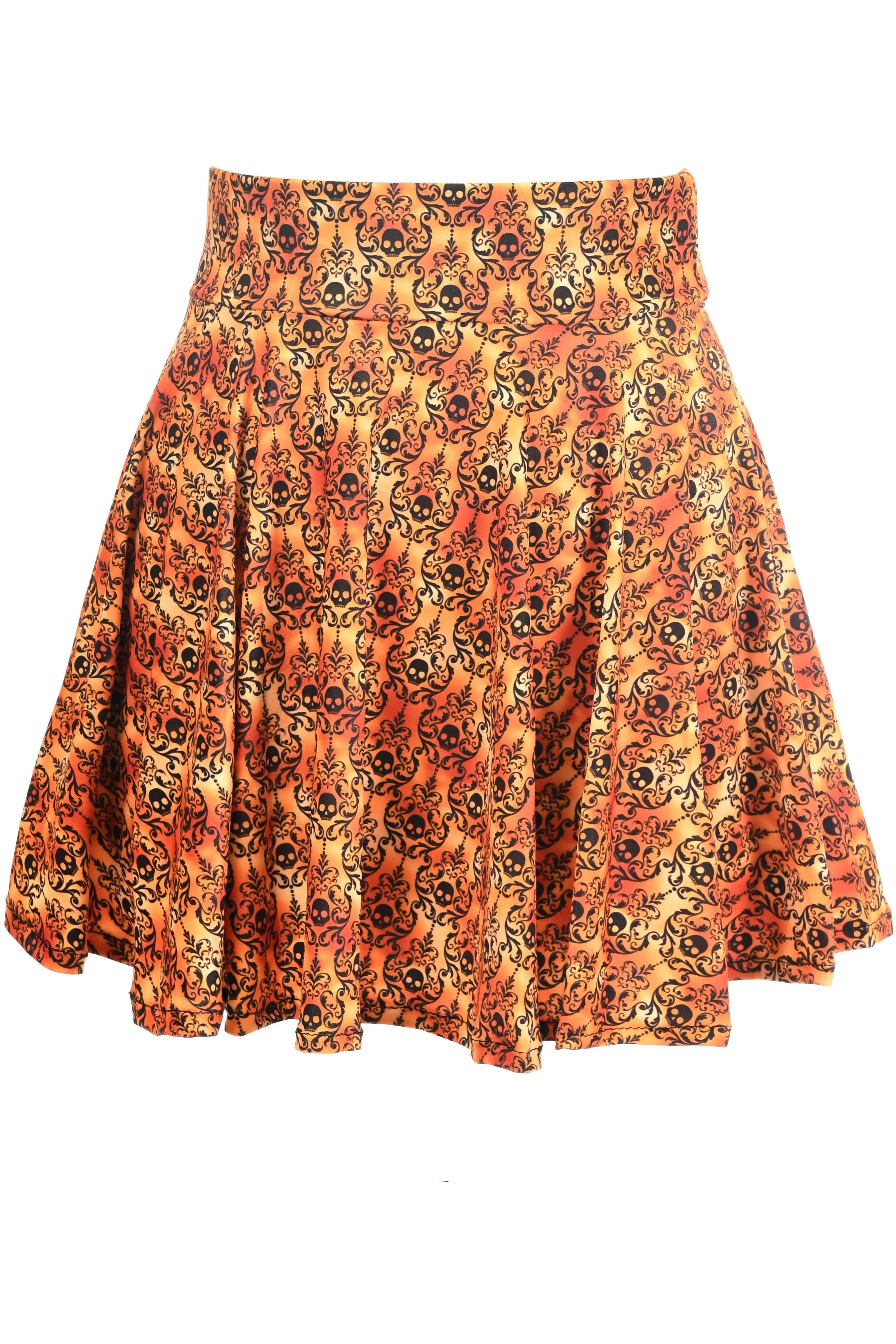 Orange Skulls Gothic Print Stretch Lycra Skirt