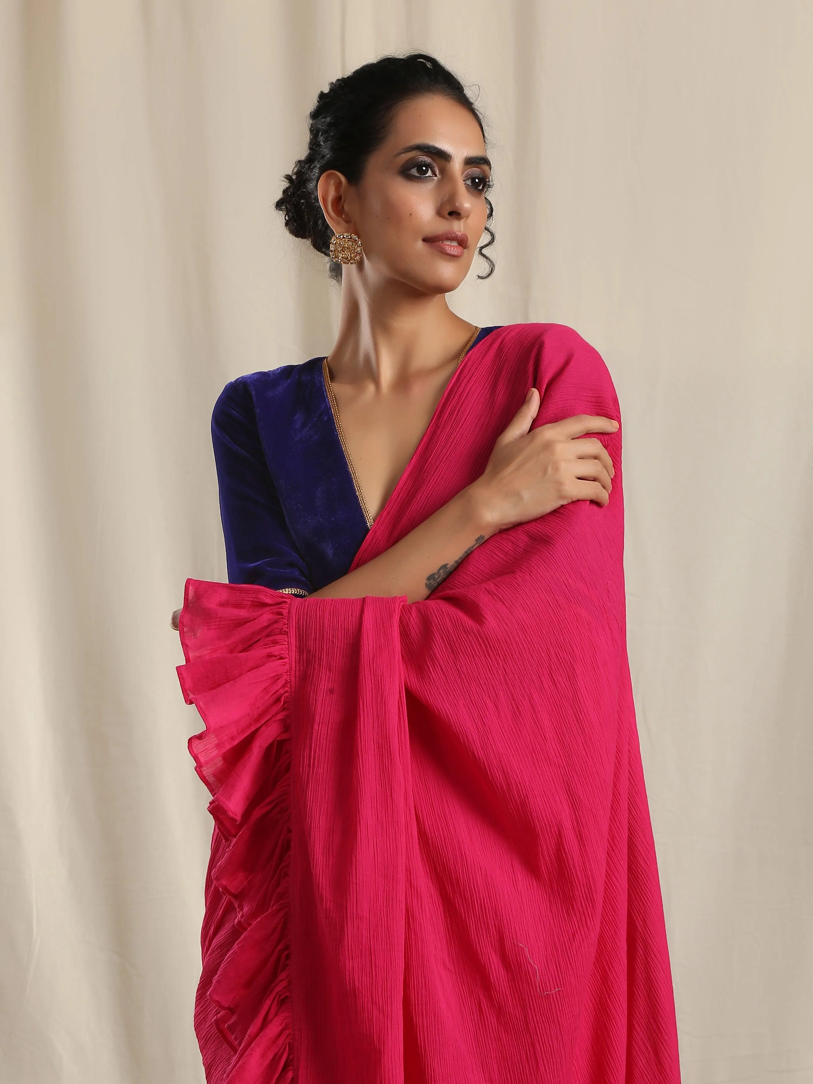 Pink Crinkle Ready to Wear Ruffle Tassel Saree