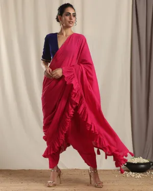 Pink Crinkle Ready to Wear Ruffle Tassel Saree