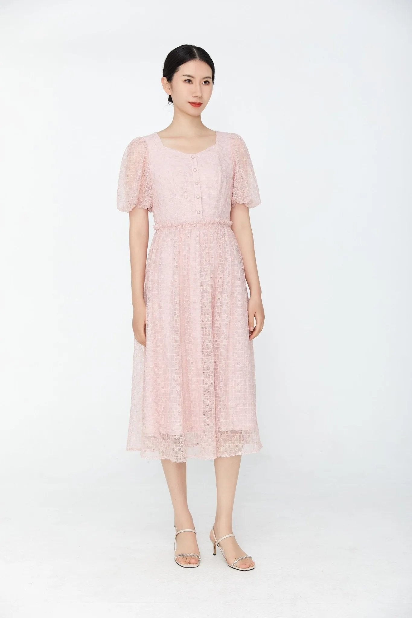 Pink Puff Sleeves Lace Midi Dress