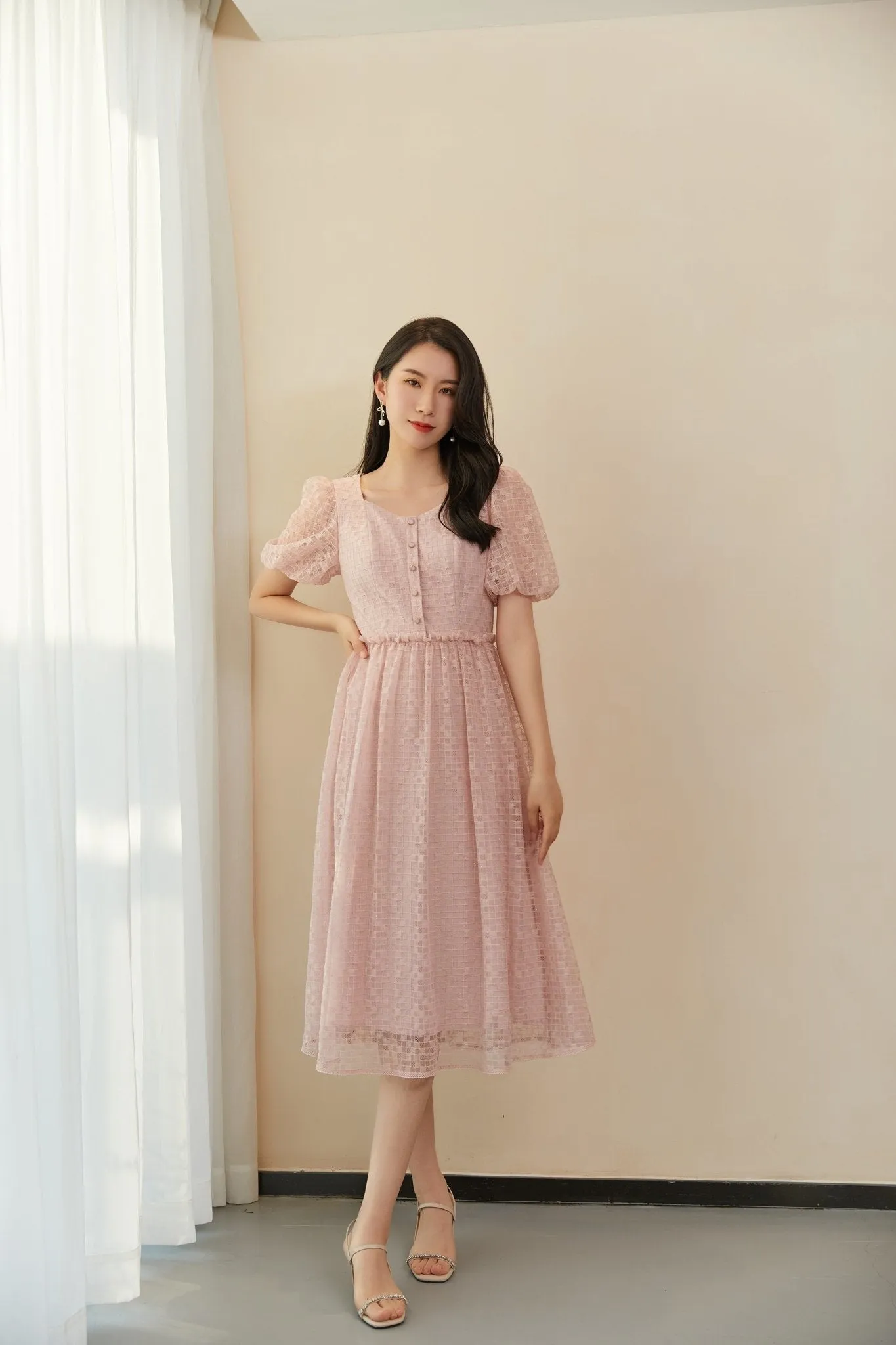 Pink Puff Sleeves Lace Midi Dress