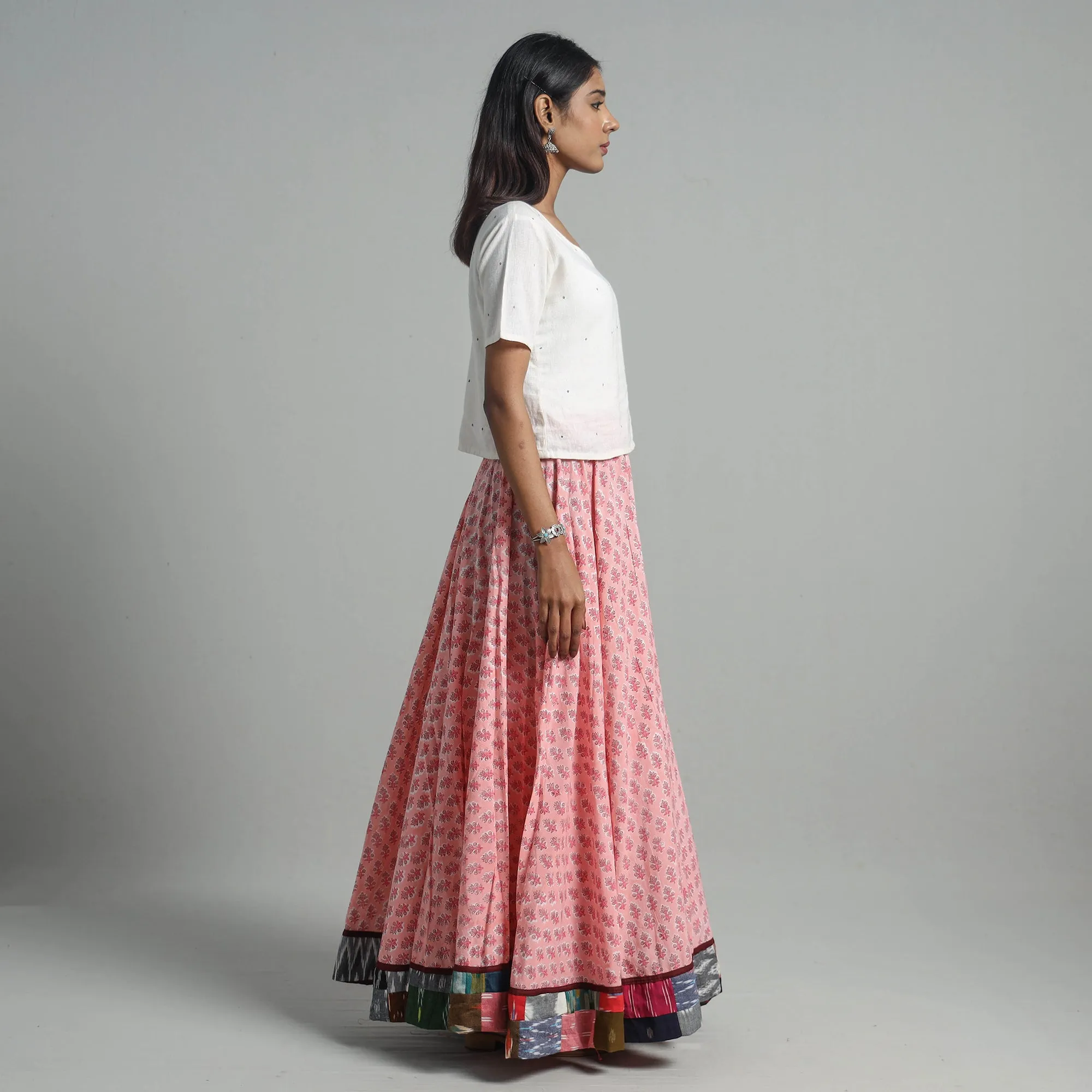 Pink - Sanganeri Block Print Cotton Long Skirt 15