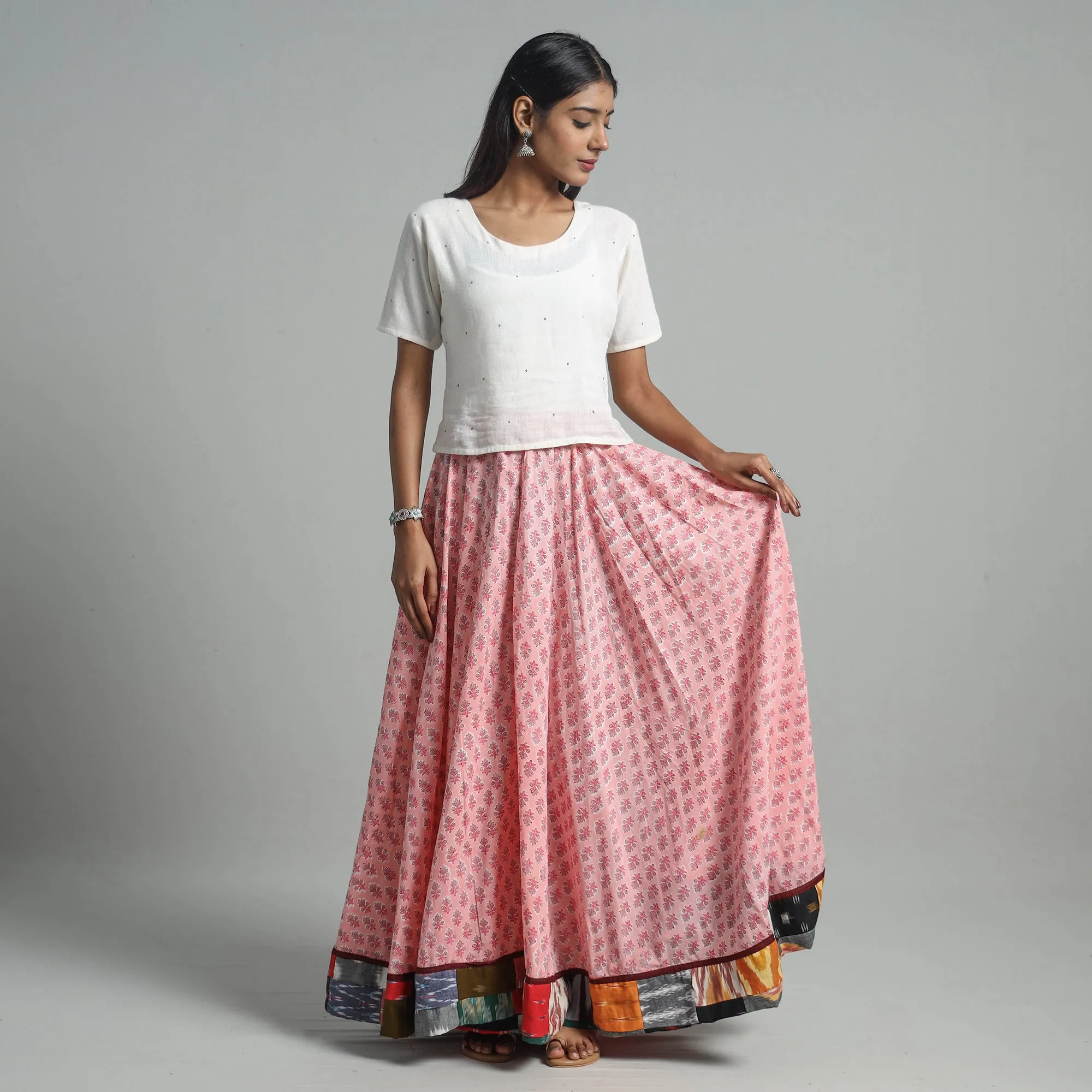 Pink - Sanganeri Block Print Cotton Long Skirt 15