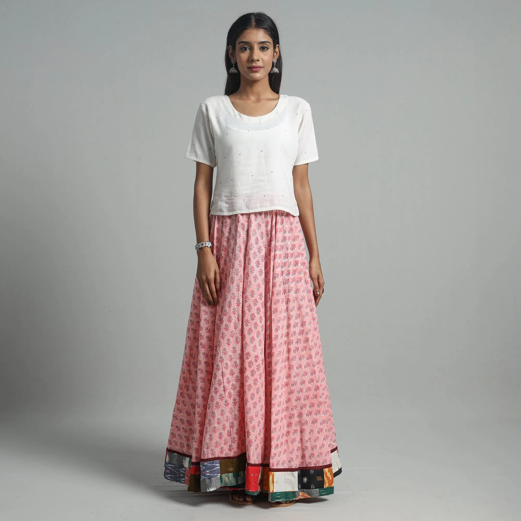 Pink - Sanganeri Block Print Cotton Long Skirt 15