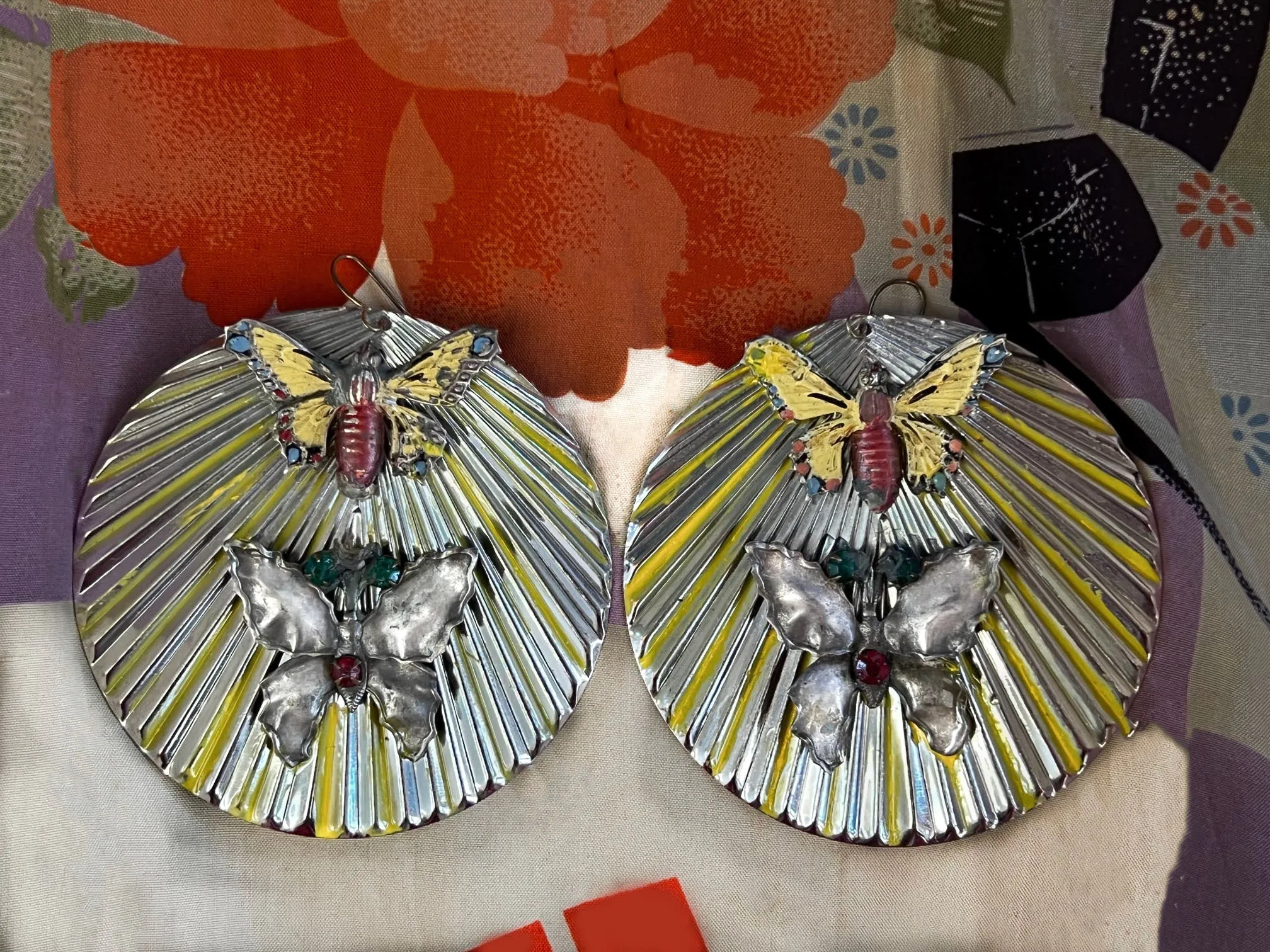 Pleated Drop Earrings with Applique Chinese Butterflies