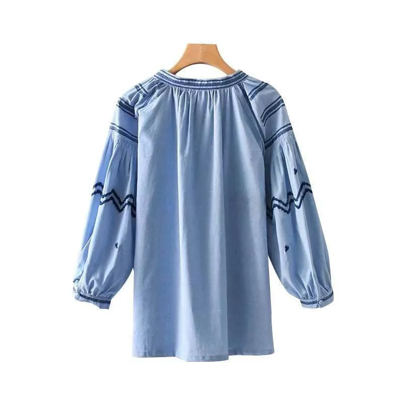 Plus Size - Embroidery tassel tie shirts oversized long sleeve blouse (US 18W-24W)