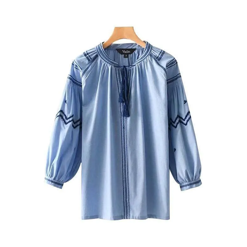 Plus Size - Embroidery tassel tie shirts oversized long sleeve blouse (US 18W-24W)