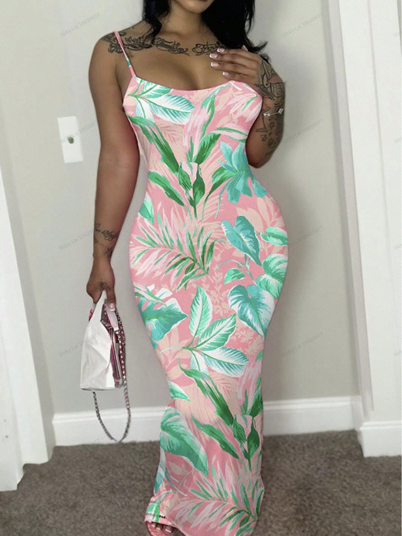 Plus Size Tropical Print Vacation Style Spaghetti Strap Dress