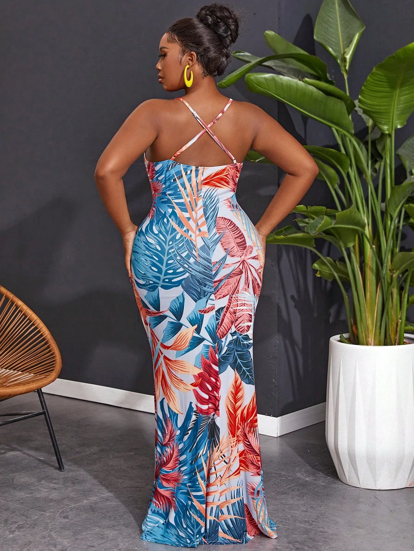 Plus Size Tropical Print Vacation Style Spaghetti Strap Dress