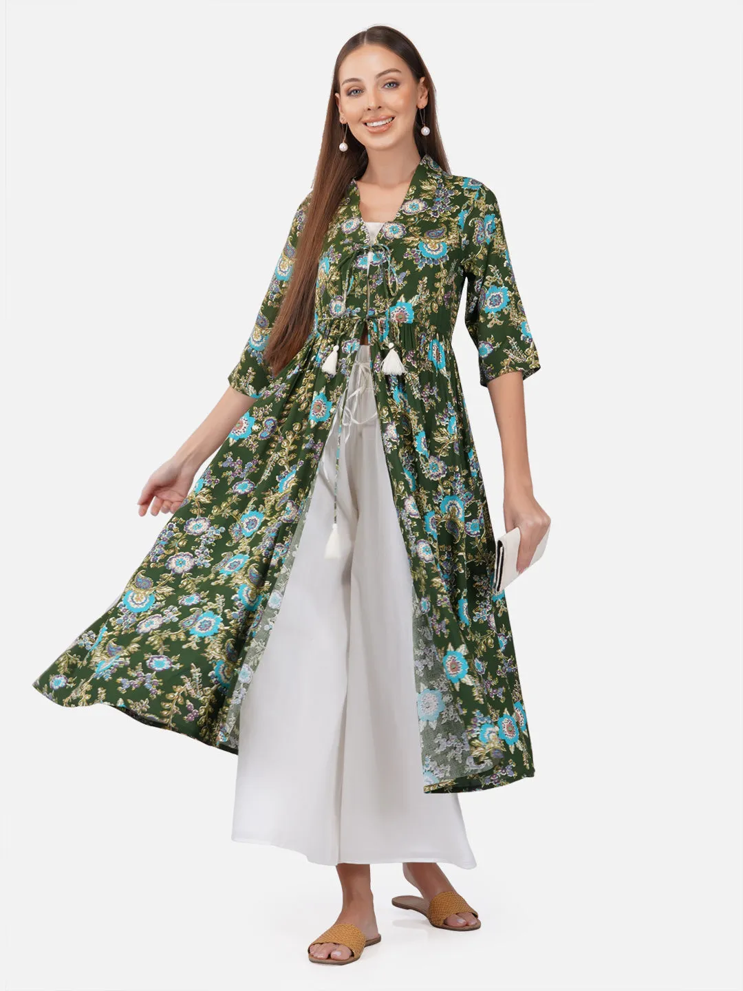 Porsorte Womens Tropical Green Printed Long Shrug