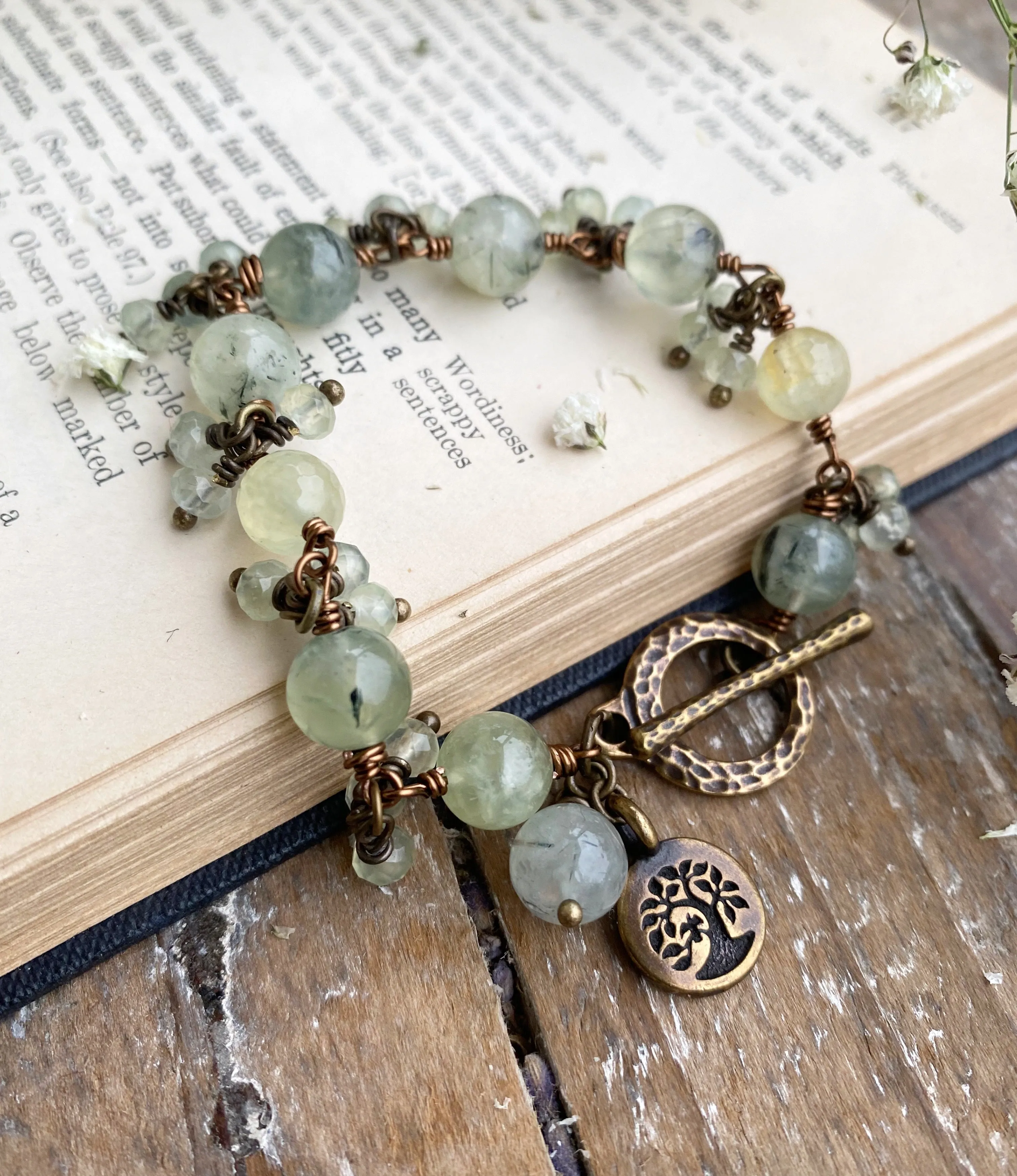 prehnite gemstone, bronze metal, wire wrapped, bracelet, jewelry.