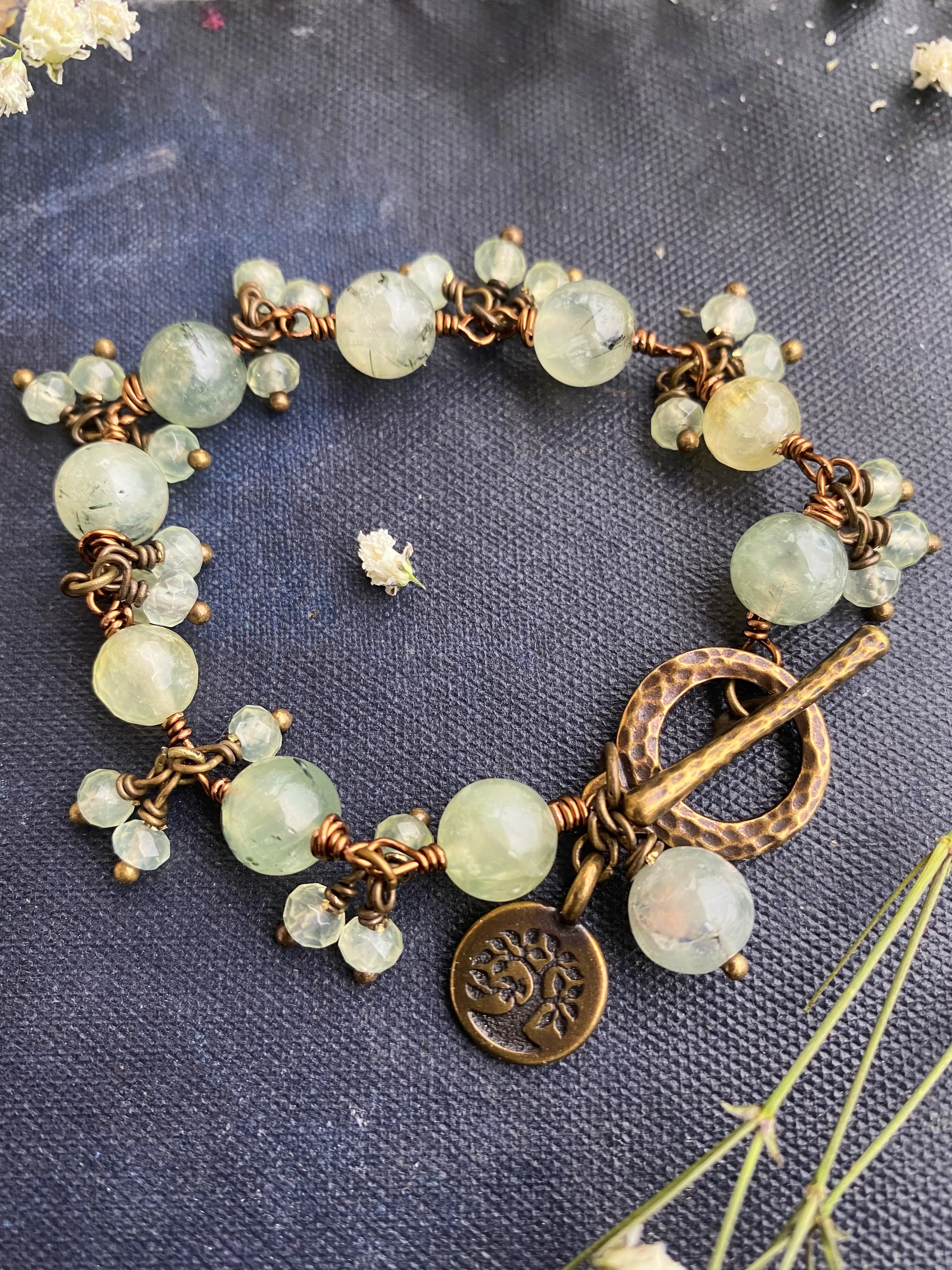 prehnite gemstone, bronze metal, wire wrapped, bracelet, jewelry.