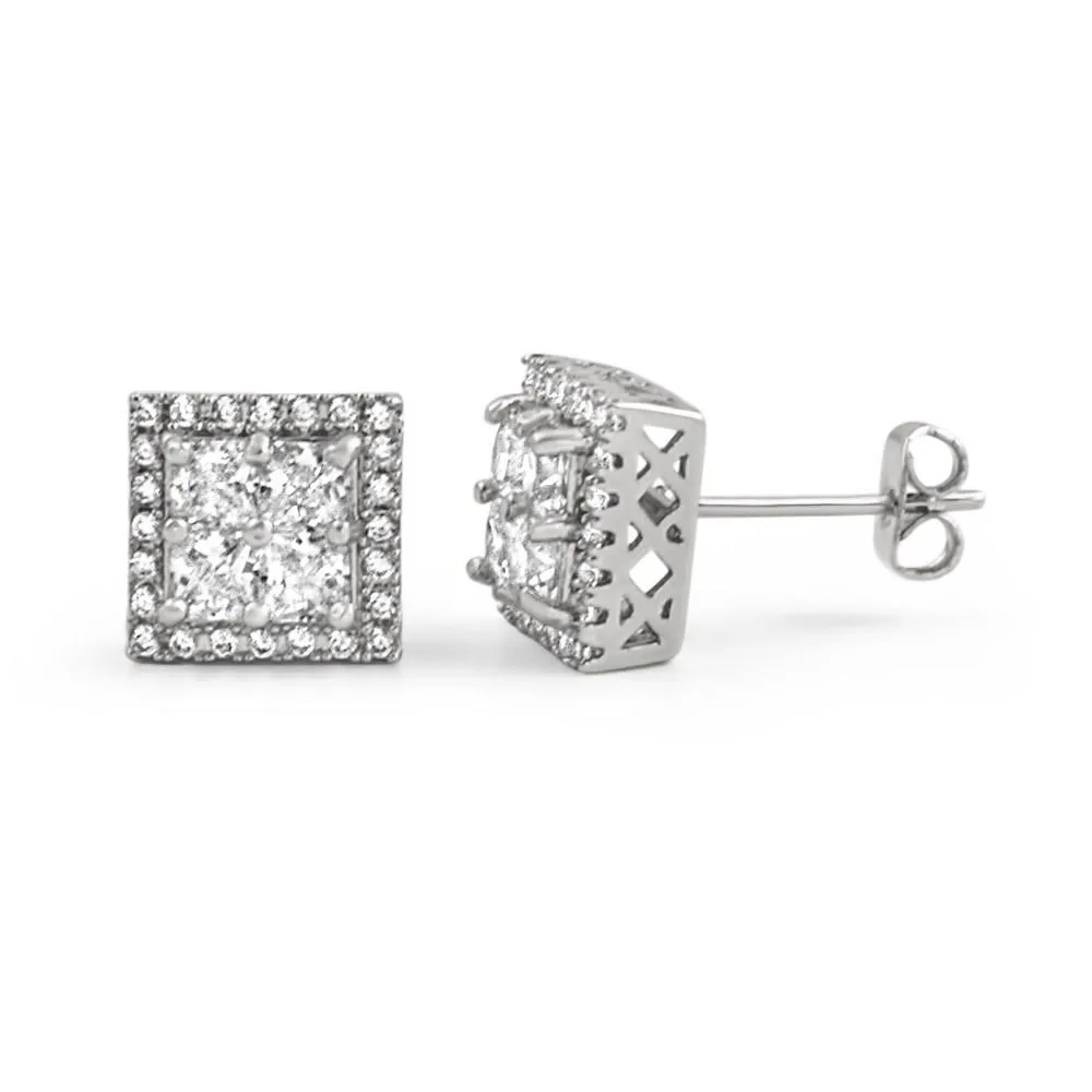 Princess Cut Square Cluster Rhodium CZ Hip Hop Earrings