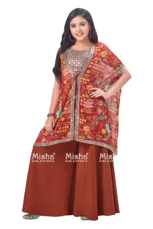 Printed rust kidswear lehenga set