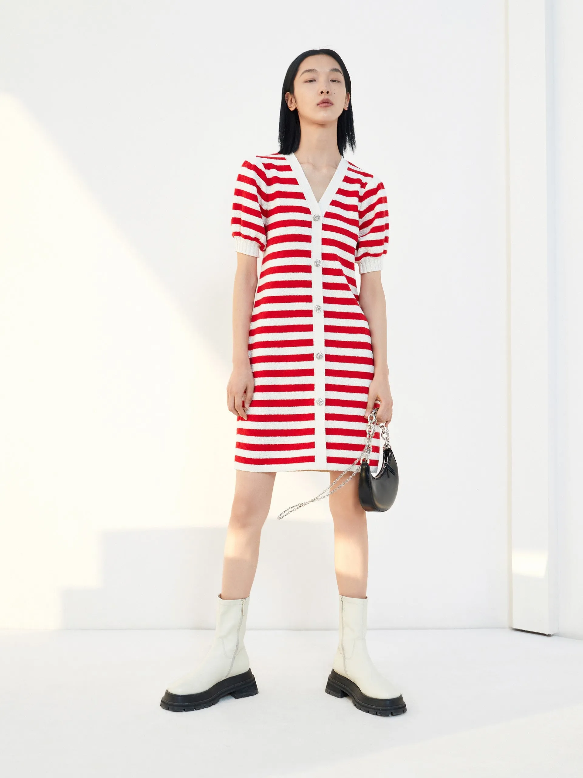 Puff Sleeve Wool Blend Striped Dress