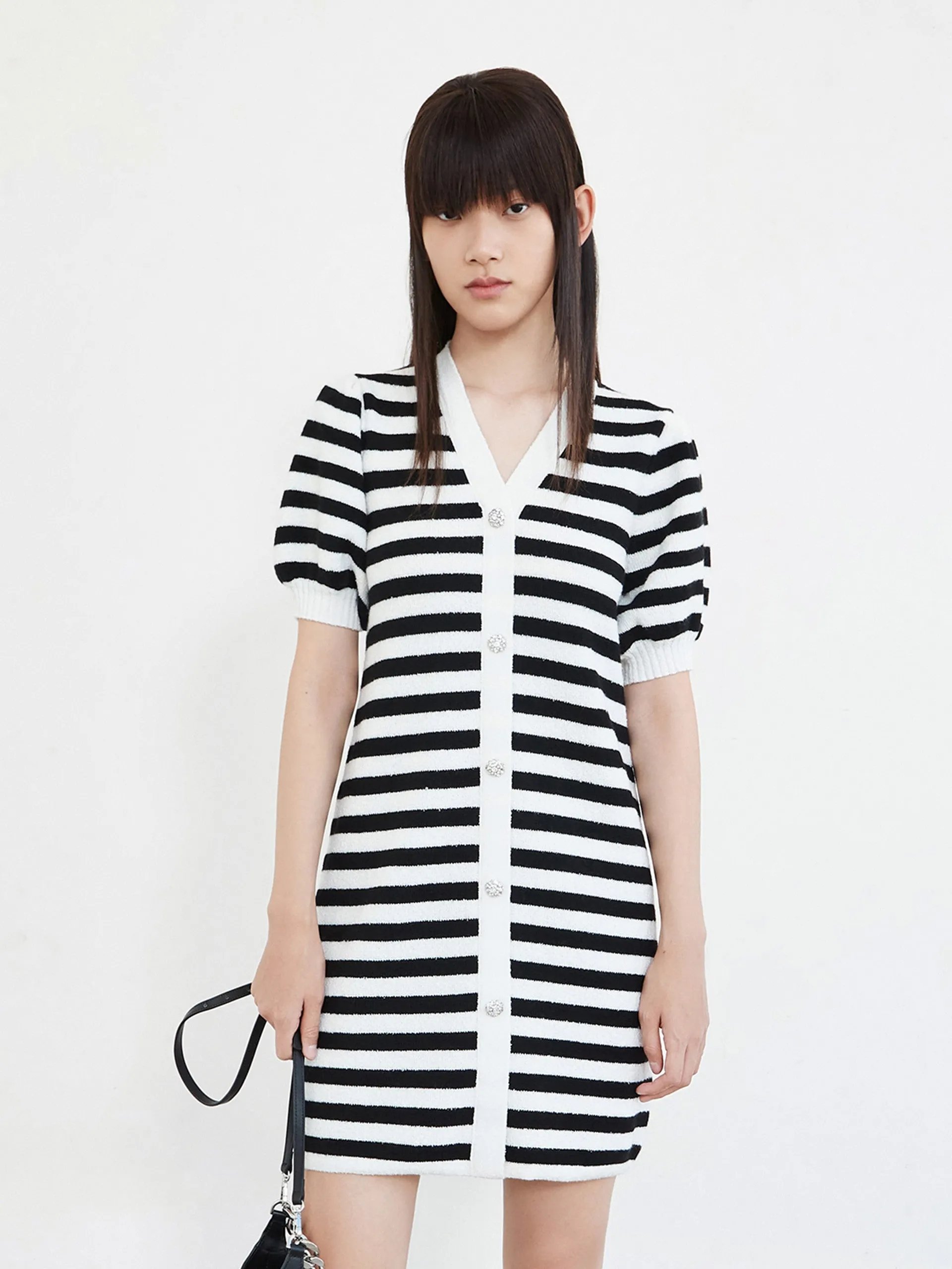 Puff Sleeve Wool Blend Striped Dress