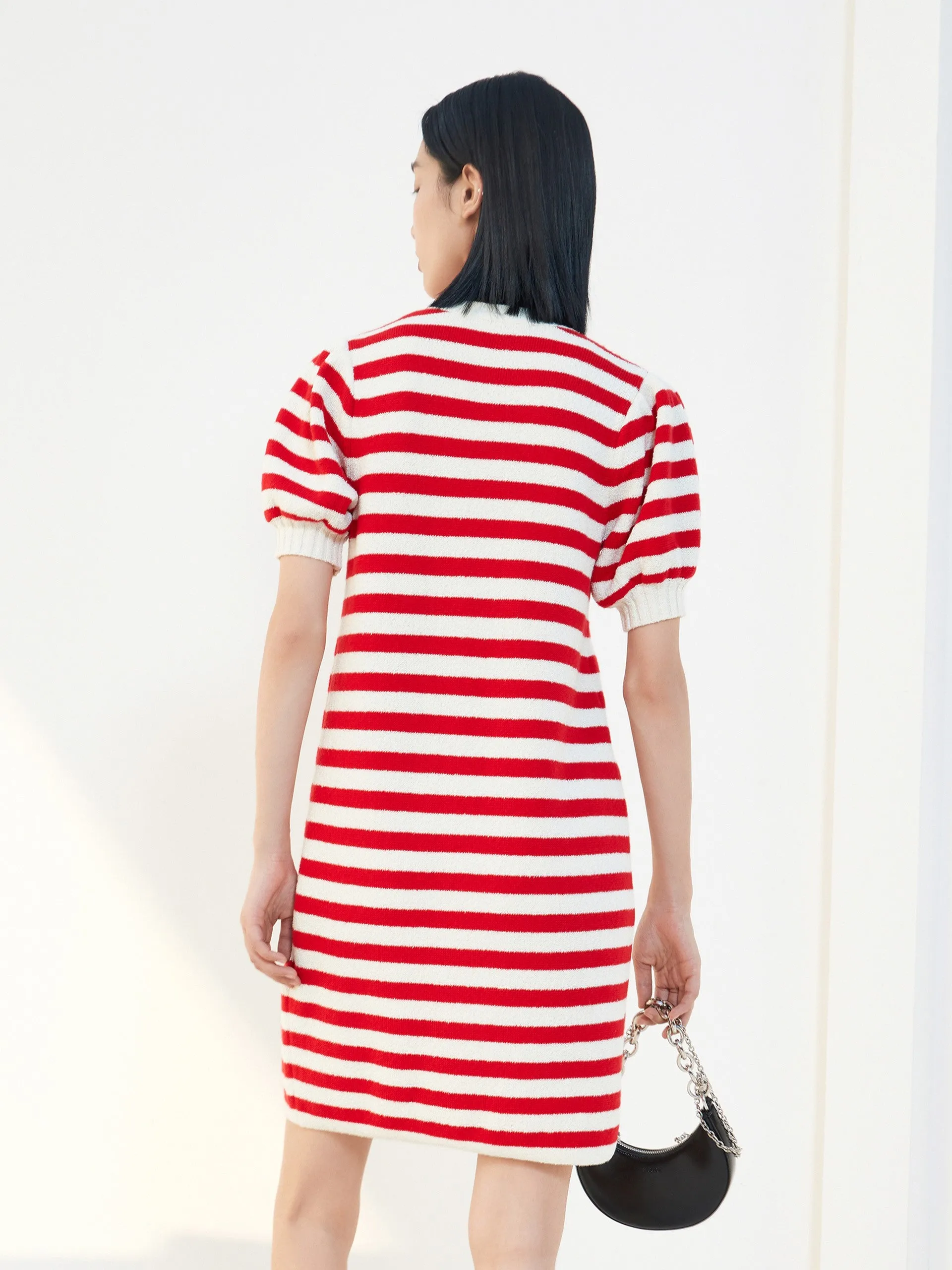 Puff Sleeve Wool Blend Striped Dress