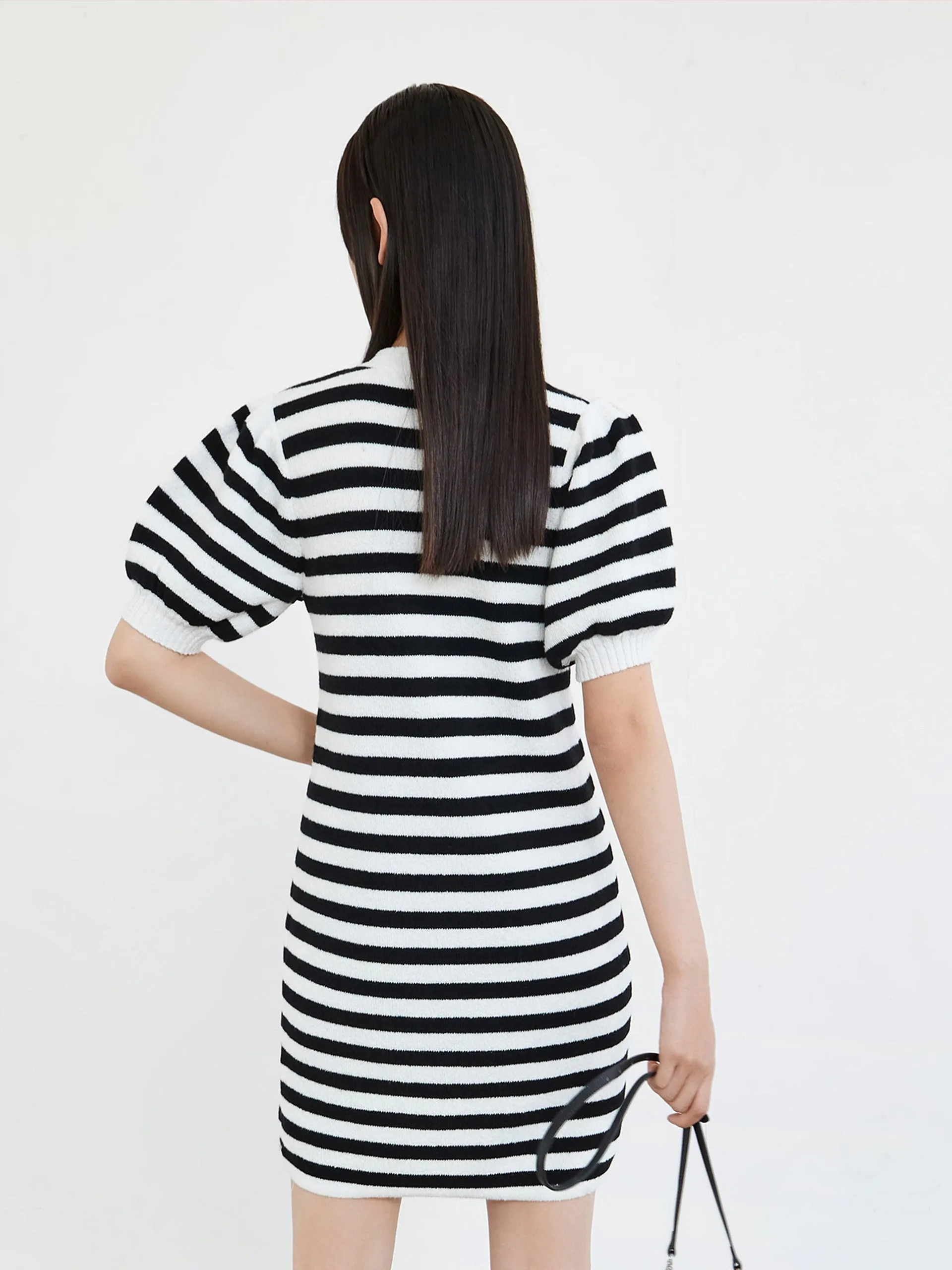 Puff Sleeve Wool Blend Striped Dress