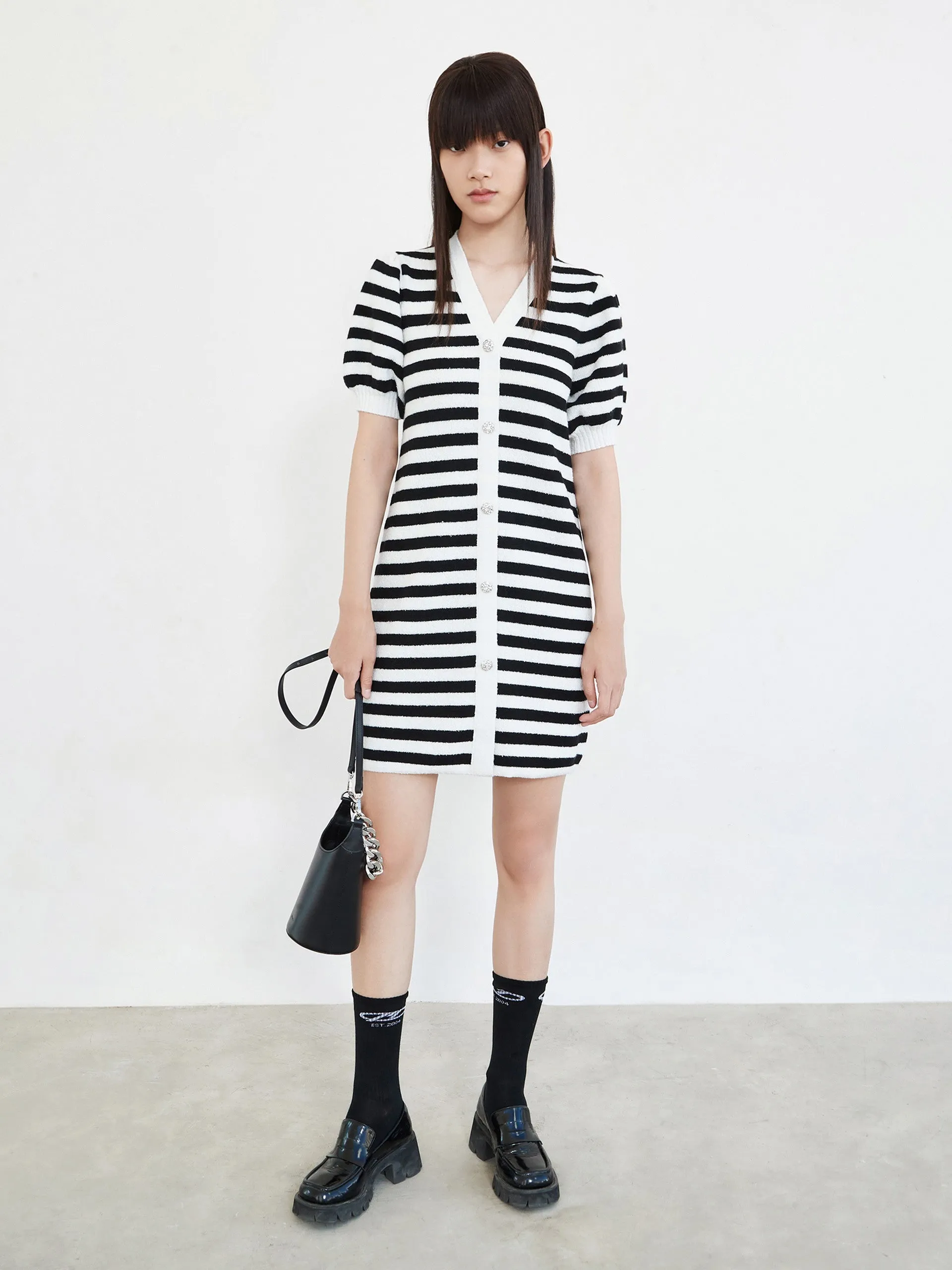 Puff Sleeve Wool Blend Striped Dress