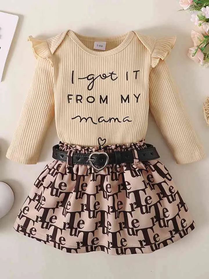 Ribbed Long Sleeve Top and Printed Skirt Set