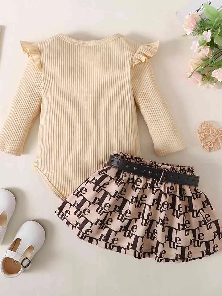 Ribbed Long Sleeve Top and Printed Skirt Set