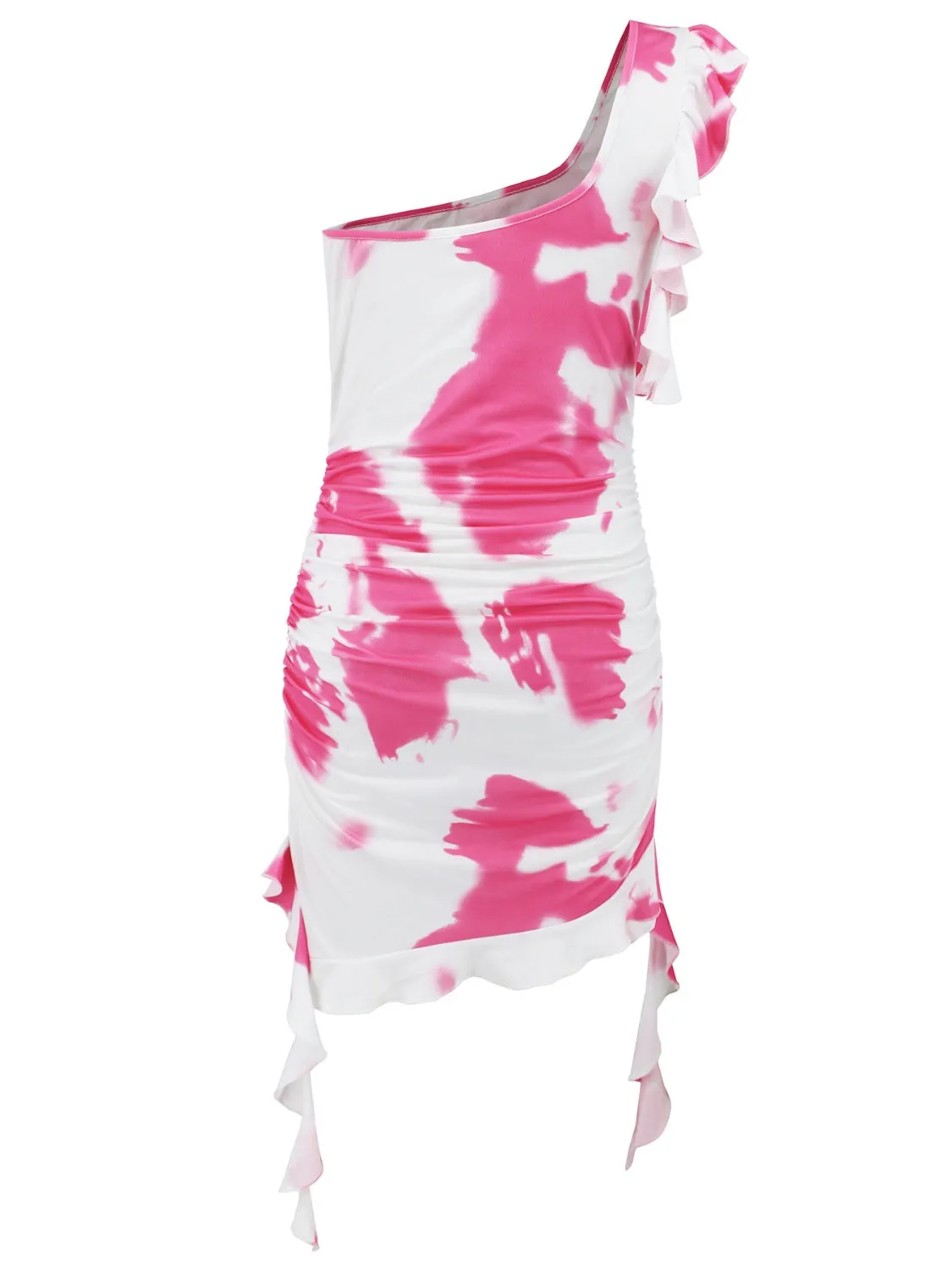 Ruffled Tie-Dye Single Shoulder Mini Dress