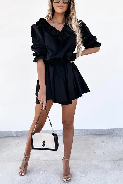 Ruffles Puff Sleeve Belted Mini Dress