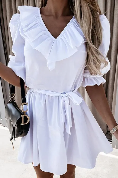 Ruffles Puff Sleeve Belted Mini Dress