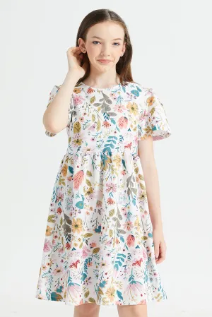 Senior Girls White Floral Print Scuba Dress