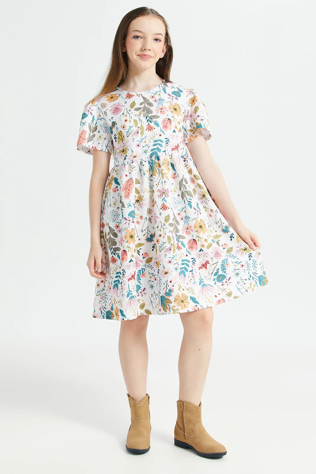 Senior Girls White Floral Print Scuba Dress