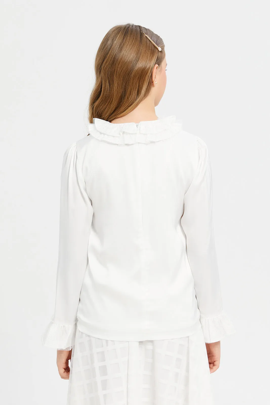 Senior Girls White Ruffled Neck Top