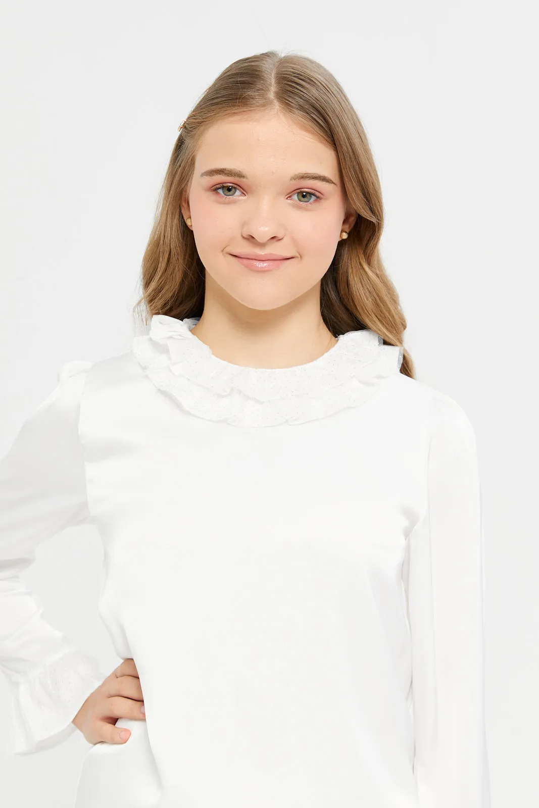 Senior Girls White Ruffled Neck Top