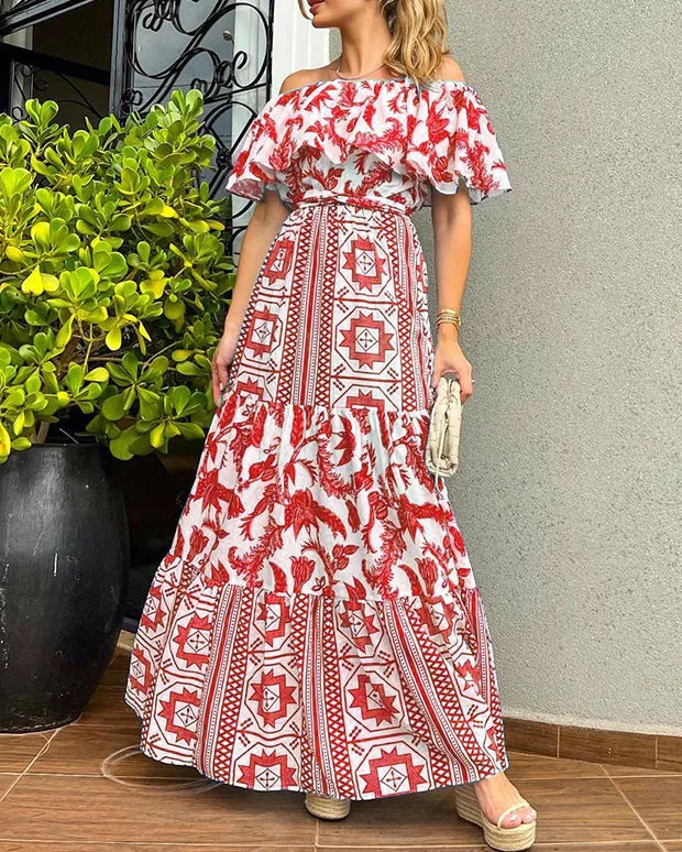 Sexy Line Neck High Waist Boho Print Dress