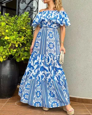 Sexy Line Neck High Waist Boho Print Dress