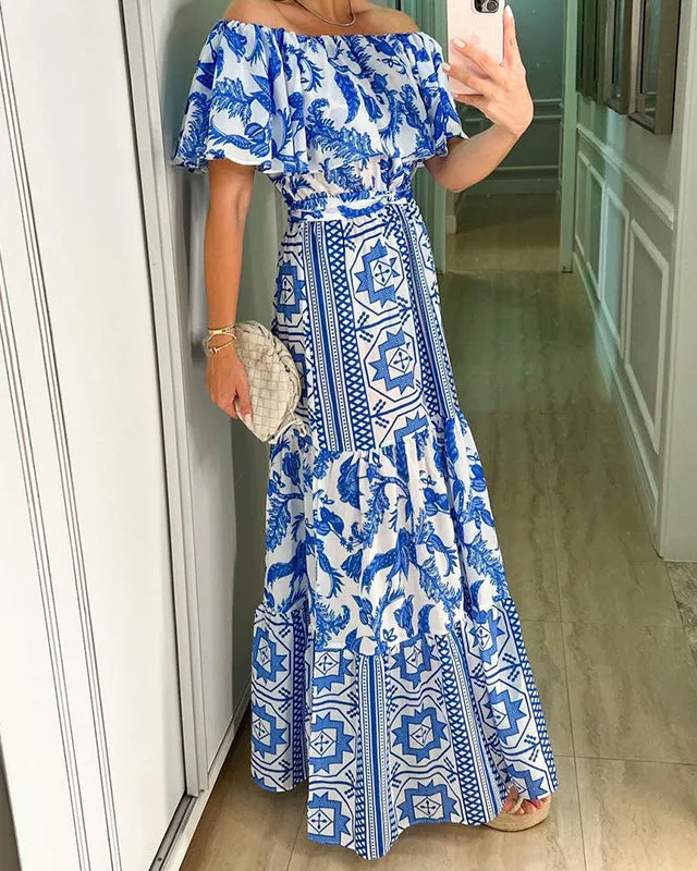 Sexy Line Neck High Waist Boho Print Dress