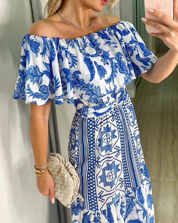 Sexy Line Neck High Waist Boho Print Dress