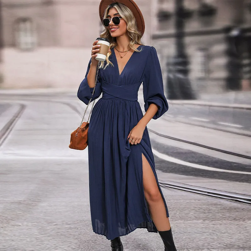 Spring Women's Long Sleeve Solid Color Dress