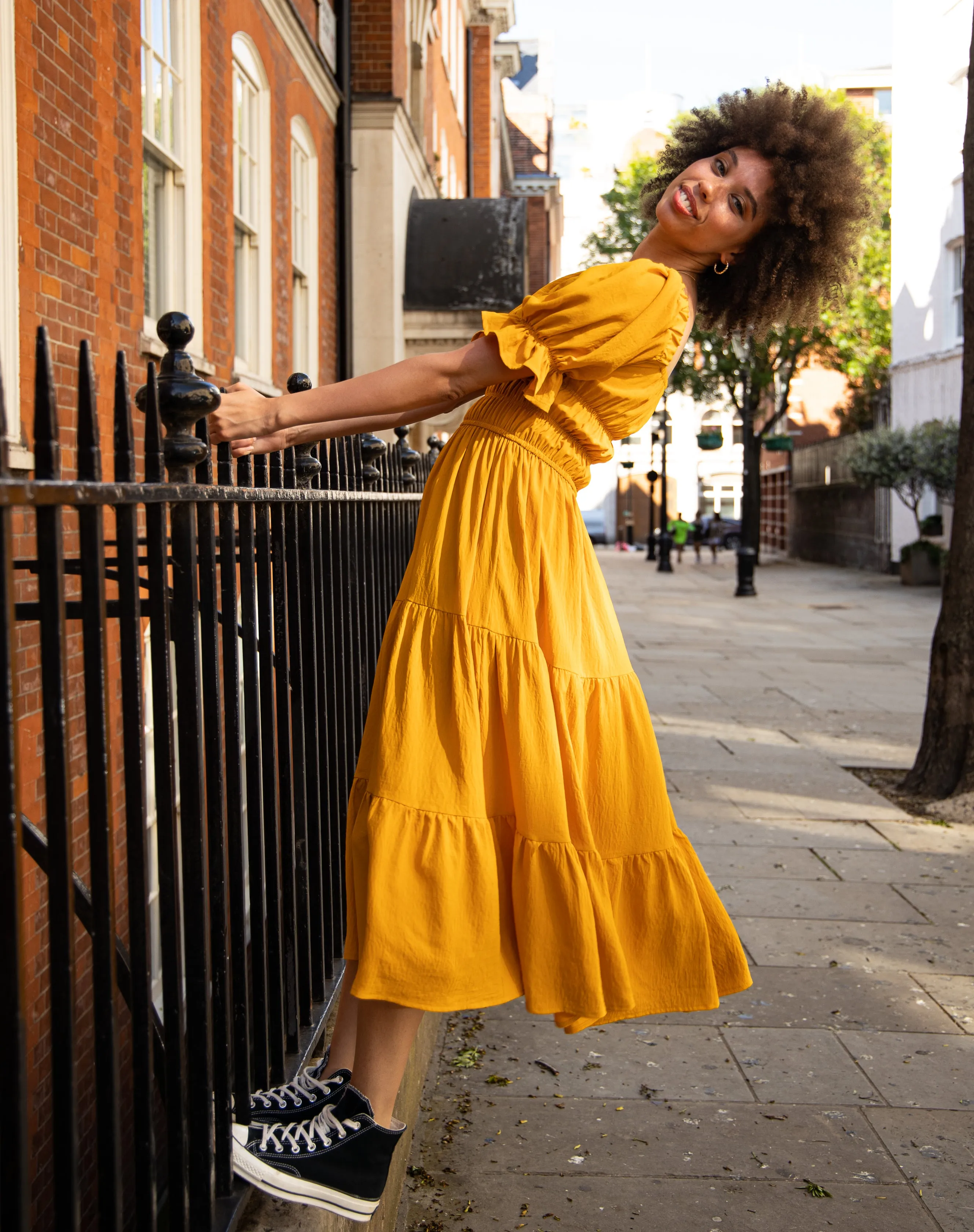 Square Neck Shirred Midi Dress in Yellow | Jessie