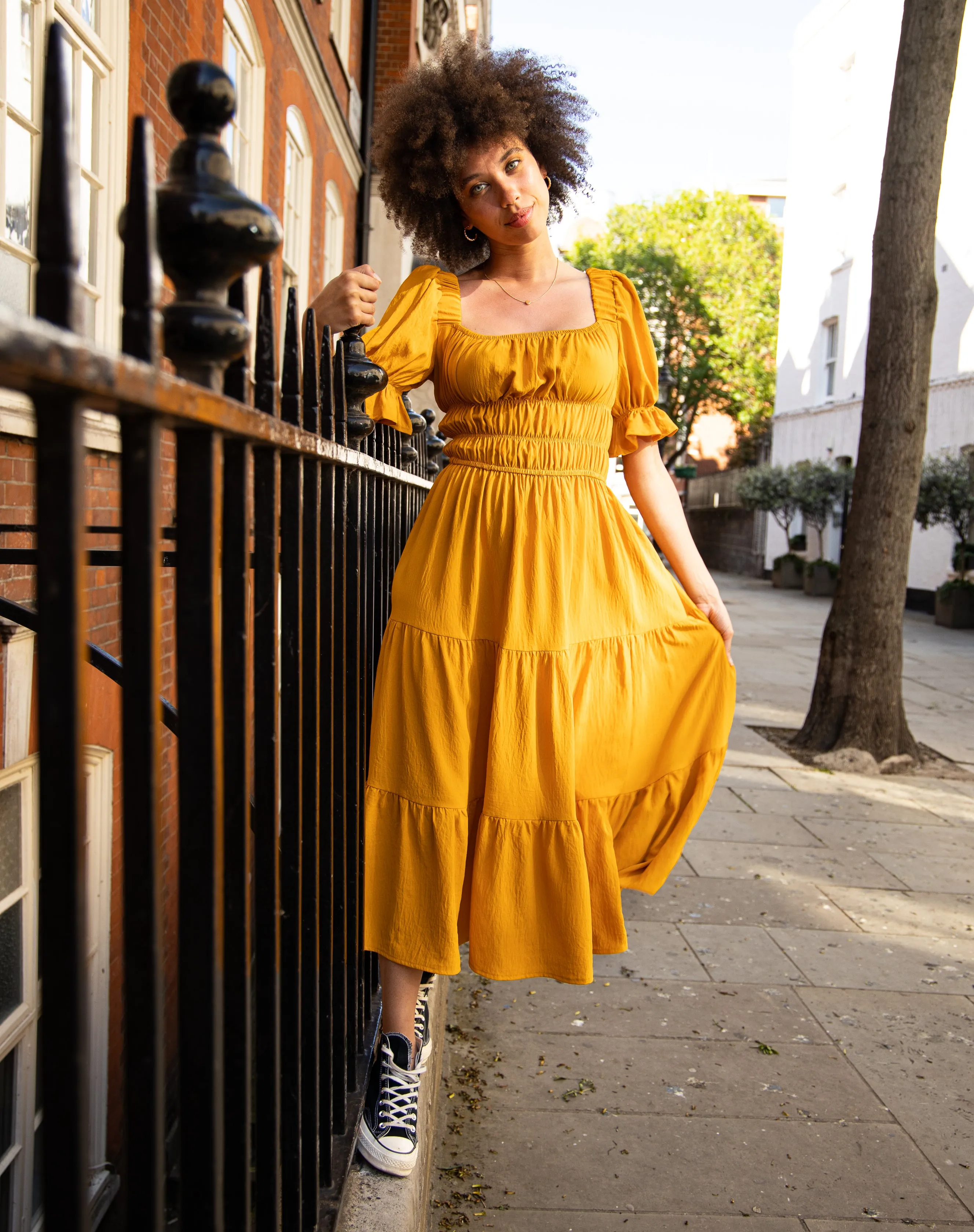 Square Neck Shirred Midi Dress in Yellow | Jessie