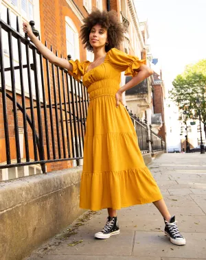 Square Neck Shirred Midi Dress in Yellow | Jessie