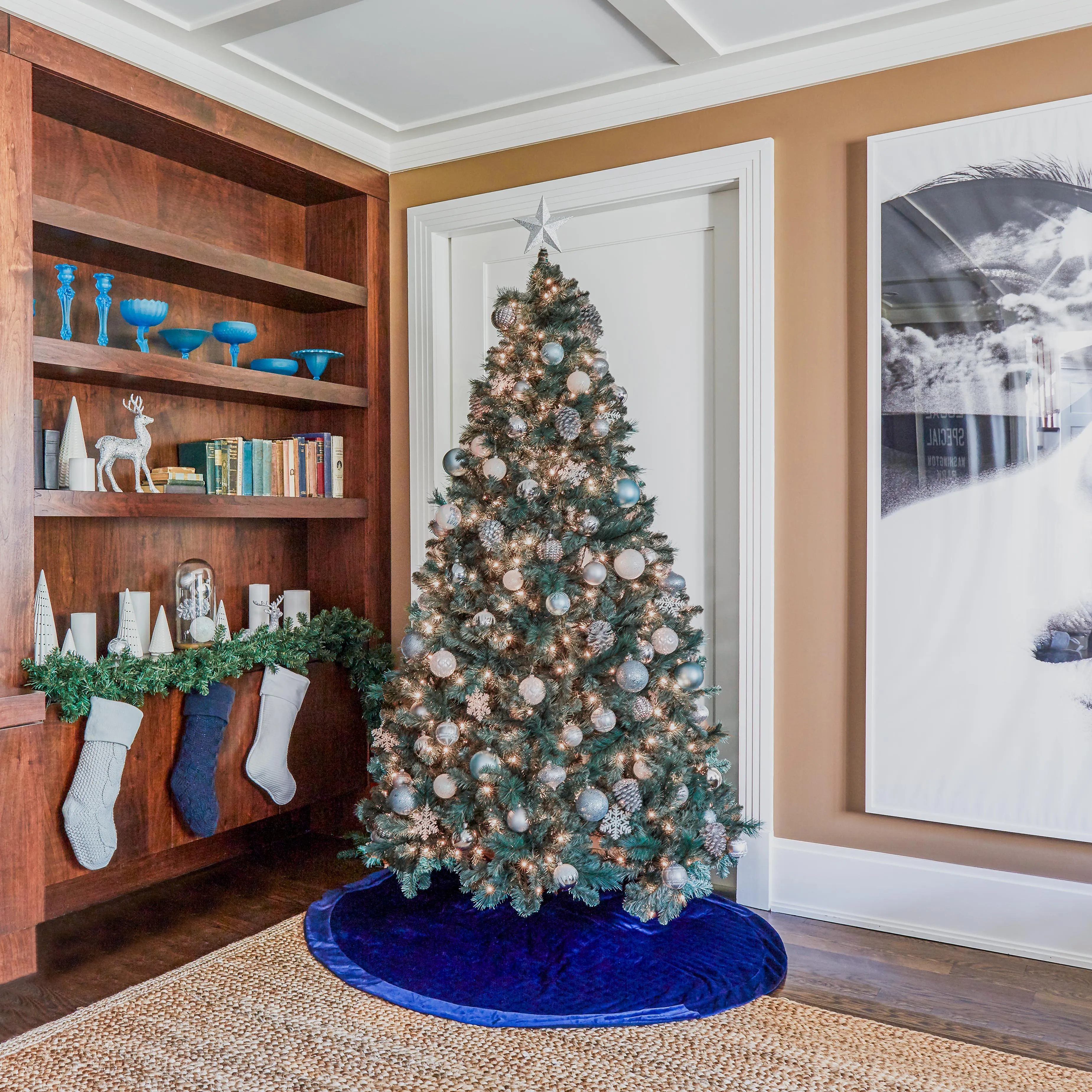 Star Quilted Velvet Christmas Tree Skirt, Navy Blue - 60"